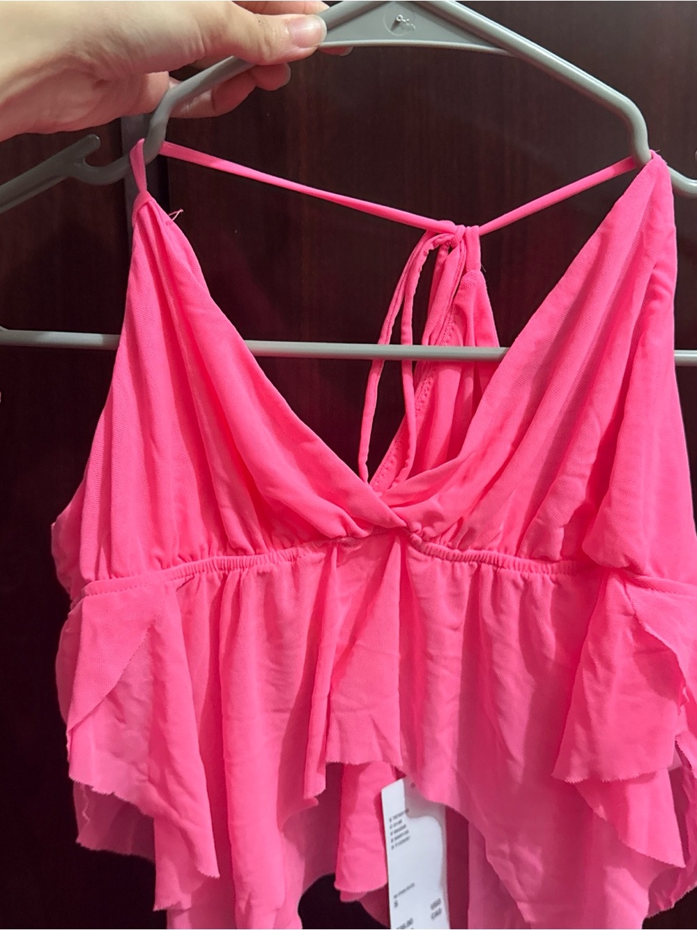 Pink Ruffled Spaghetti adjustable Strap Crop Top